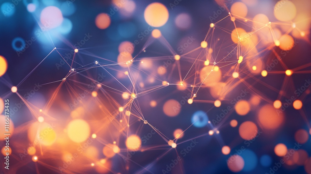 Poster Abstract plexus network connecting lines and dots forming a mesh over blurred lights