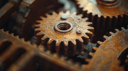 Close-up of rusted gears and cogs in motion, gritty mechanical textures and warm lighting