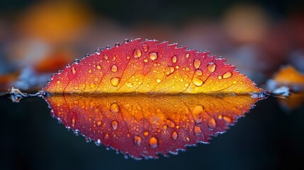 Extreme close-up of water droplet on leaf tip containing reflection of pristine forest landscape