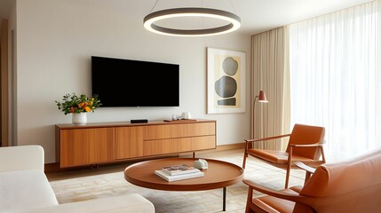 A Minimalist living room. A modern living room featuring a sleek TV, stylish furniture, and ample natural light, creating a warm and inviting atmosphere.