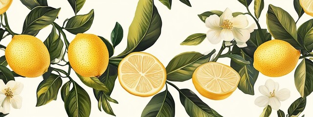 Juicy fresh lemon slices with green leaves on a white background