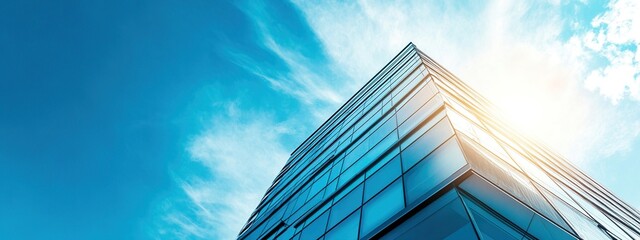 A modern office building with a glass exterior reflecting the sky and clouds in an urban cityscape