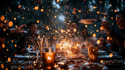 Fototapeta premium Festive dinner party with friends, celebrating with confetti and champagne.
