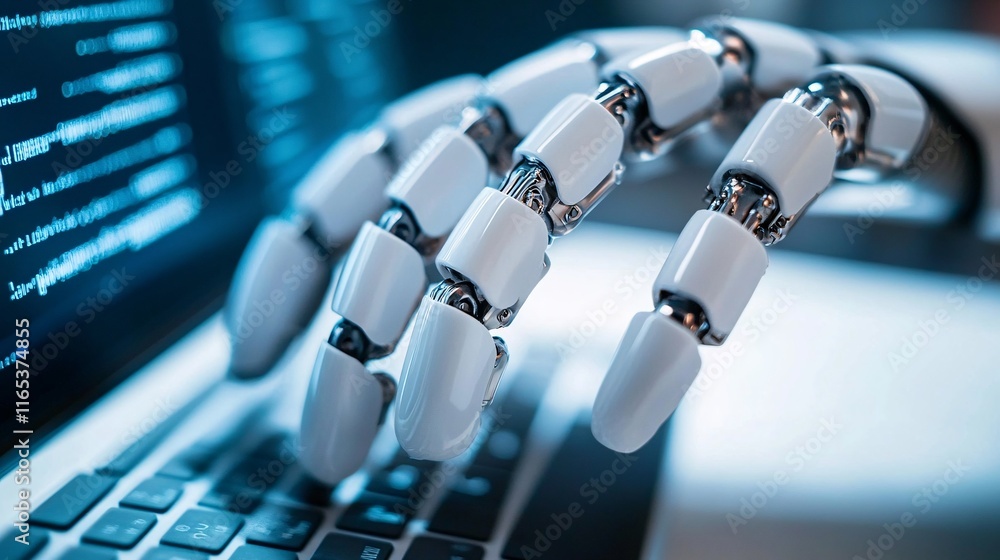 Poster Robot hand typing code on laptop keyboard, artificial intelligence in software development