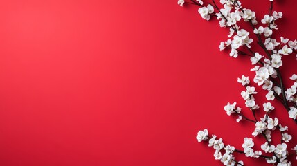 red background with white cherry blossoms. Chinese New Year celebration,