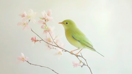 A small green bird perched on a tiny tree with pale pink blossoms and slender branches. The birds bright plumage stands out against the soft, pastel-colored leaves of the tree. 