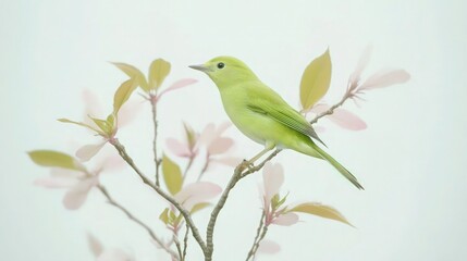 Obraz premium A small green bird perched on a tiny tree with pale pink blossoms and slender branches. The birds bright plumage stands out against the soft, pastel-colored leaves of the tree. 