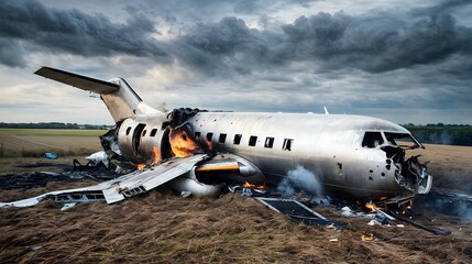 A passenger plane crashed and caught fire in a field