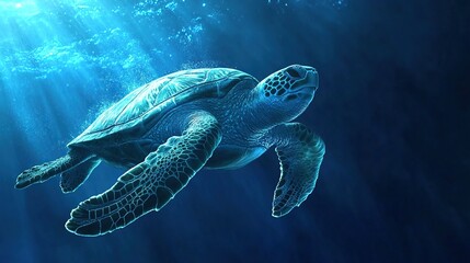 Fototapeta premium A close-up of a sea turtle swimming in the deep blue ocean, its shell glistening with light.