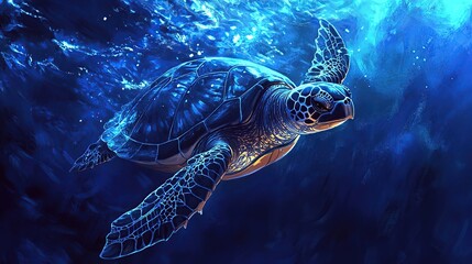 Obraz premium A close-up of a sea turtle swimming in the deep blue ocean, its shell glistening with light.