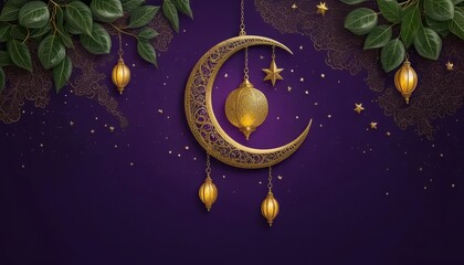Golden crescent moon and lanterns, a beautiful Ramadan celebration image.