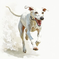 Obraz premium Illustration of the Whippet dog running towards, soft watercolor tones, white background, detailed illustration, cartoonish.