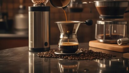 Freshly Brewed Coffee Pouring into a Glass Coffee Dripper
