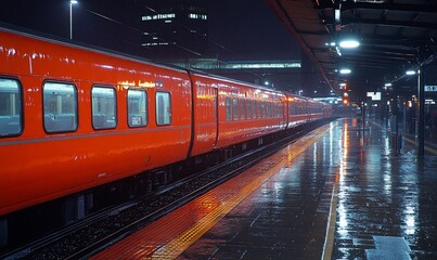 Naklejka premium Night train at a rain-slicked station platform.