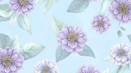 A soft and calming pattern with hand-drawn zinnia flowers in shades of lavender and lilac, complemented by silvery-green leaves on a sky-blue backdrop.