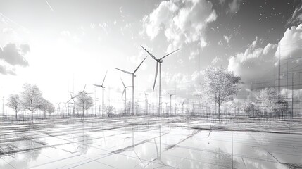 Blueprint of a wind farm with turbine designs and placement plans, clean lines 