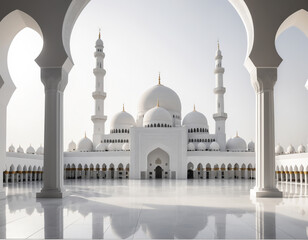 Obraz premium 3D Concept of a white mosque with intricate white domes and towers surrounded by a white environment. The concept for Eid Mubarak, Ramadhan, Moslem holiday