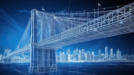 Blueprint of a large suspension bridge with detailed structural lines, clean technical style
