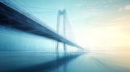 Blueprint of a large suspension bridge with detailed structural lines, clean technical style