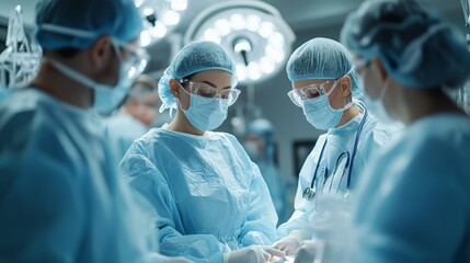 A team of surgeons performing a complex operation in a brightly lit operating room. Ideal for themes of medical expertise, healthcare, and teamwork in high-pressure environments.