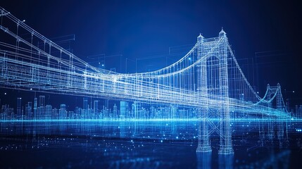 Blueprint of a large suspension bridge with detailed structural lines, clean technical style