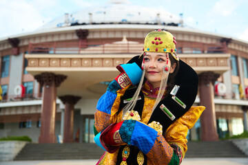 Mongolian girl wearing traditional costume of Khalkha tribe