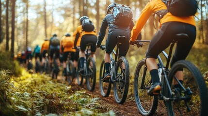Fototapeta premium Mountain bikers riding through a forest trail.