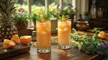 Fototapeta premium Two refreshing iced orange and pineapple cocktails garnished with mint on a rustic wooden table.