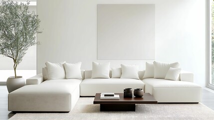 A Minimalist living room. A modern, minimalist living space featuring a large white sectional sofa, a dark wooden coffee table, and a decorative plant.