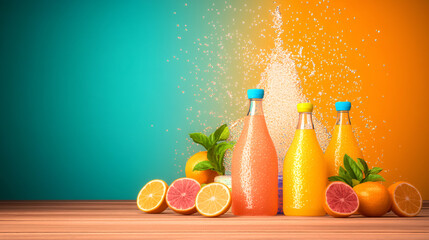 Refreshing fruit drinks with vibrant colors and citrus fruits