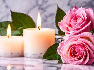 Fototapeta premium Pink Roses and Burning Candles on Marble