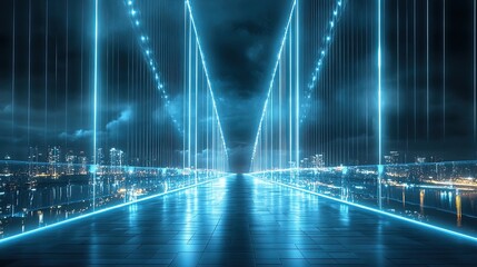 Modern bridge design blueprint with glowing lines, futuristic architectural details 