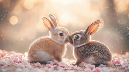 Fototapeta premium Two adorable rabbits nuzzle each other amidst a backdrop of soft petals, capturing a moment of affection in a dreamy, illuminated setting.