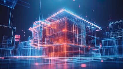 Modern architecture blueprint with a glowing effect, surreal and futuristic engineering