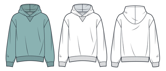 Hoodie technical fashion illustration. Hooded Sweatshirt fashion flat technical drawing template, front and back view, white, green, women, men, unisex Top CAD mockup set. © Liubov Hladka