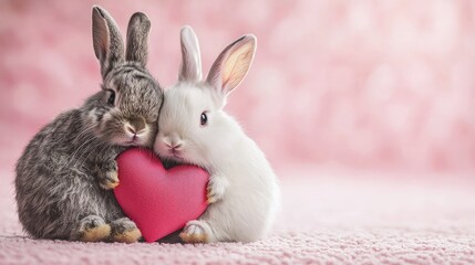 Obraz premium Two adorable bunnies cuddle together while holding a pink heart, set against a soft, pastel background, conveying a sense of love and affection.