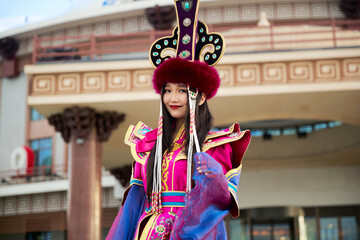 Mongolian girl wearing traditional costume of Mongolian Bryat tribe
