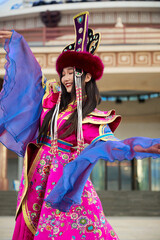 Mongolian girl wearing traditional costume of Mongolian Bryat tribe