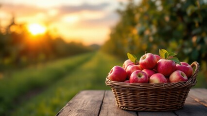 High-quality stock photo of ripe red apples carefully arranged in a rustic wicker basket, placed on a wooden table in the middle of a sunlit orchard at golden hour, warm tones and soft natural lightin