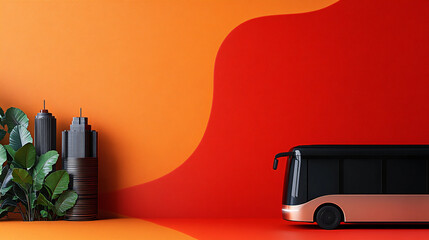 modern concept featuring sleek electric school bus against vibrant orange backdrop, complemented by urban elements like skyscrapers and lush greenery, creating dynamic scene