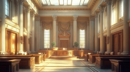 Fototapeta premium Elegant courtroom scene with large columns and natural light, classic style