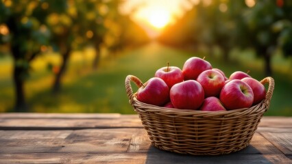 High-quality stock photo of ripe red apples carefully arranged in a rustic wicker basket, placed on a wooden table in the middle of a sunlit orchard at golden hour, warm tones and soft natural lightin