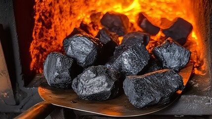 Close-up of black coal on a shovel with glowing flames in the background, depicting industrial heat.