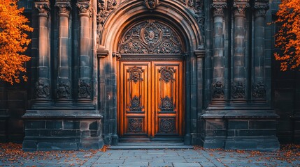 Fototapeta premium Ornate wooden double doors in a stone archway, autumn leaves.