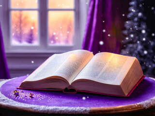 Open Book by Window on Snowy Winter Evening