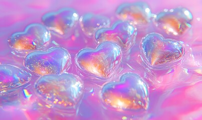 hearts on holographic on pink background, Generative AI 