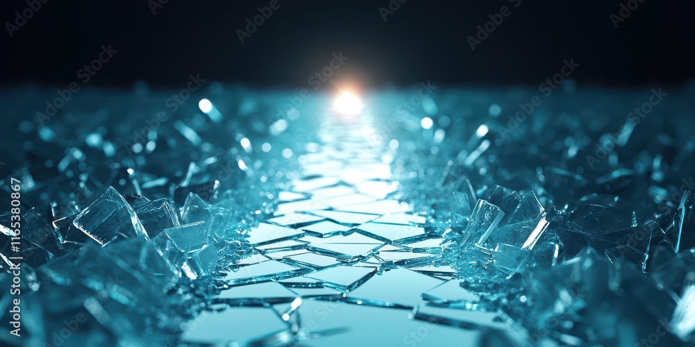 Poster path of shattered glass illuminated by distant light. surrealistic image for metaphor.