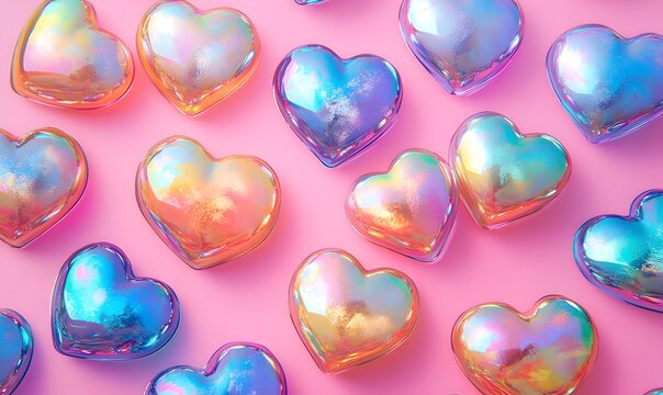hearts on holographic on pink background, Generative AI 