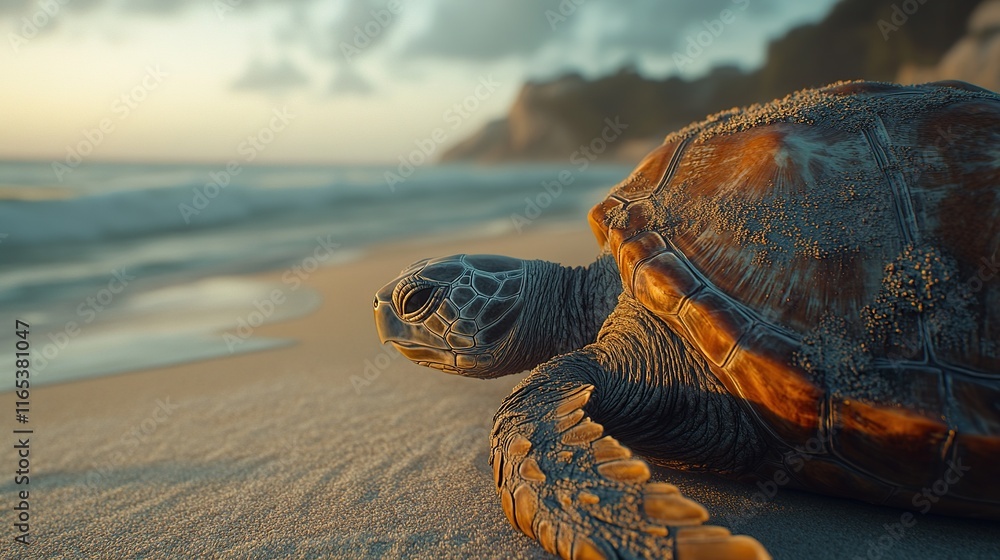 Poster a close-up of a turtle's textured shell as it crawls across a sandy beach, with the ocean in the bac