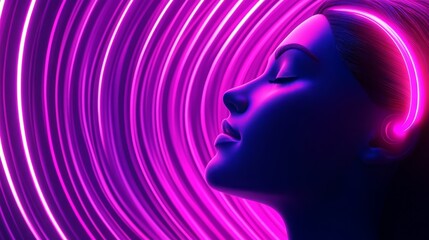 Fototapeta premium Woman immersed in vibrant neon tunnel, captivating image of music light and sound